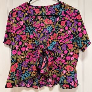 SHEIN VCAY Floral Print Front Knot Blouse Size XL